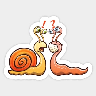 A snail carrying its shell and a slug wearing a face mask have an encounter Sticker